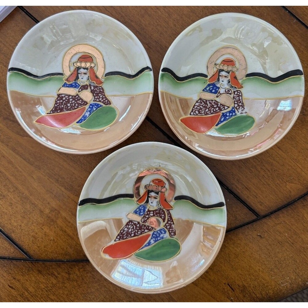 VTG Mepoco Ware JAPAN Set of 3 Bowls Hand Painted 5” Across Orange Gold Brown